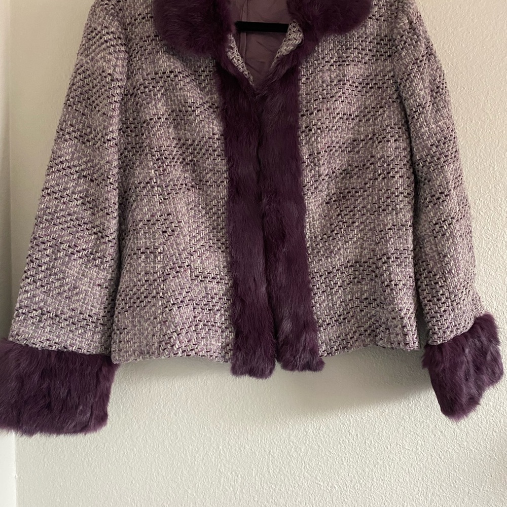 Vintage Bebe Purple Tweed Jacket Penny Lane Fur Trim Rabbit